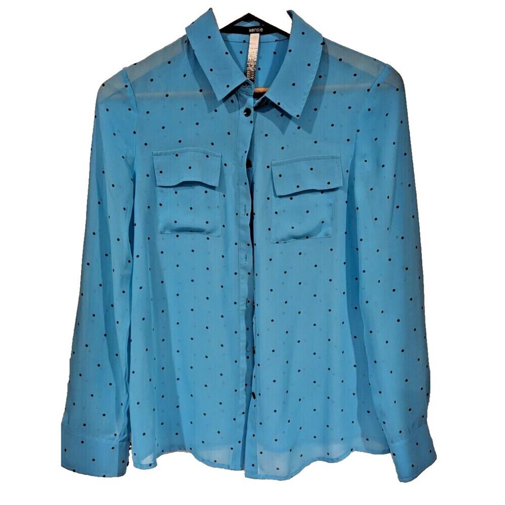 Kensie Womens Polka Dot Chiffon Button Up Blouse Blue Black Retro Rockabilly S